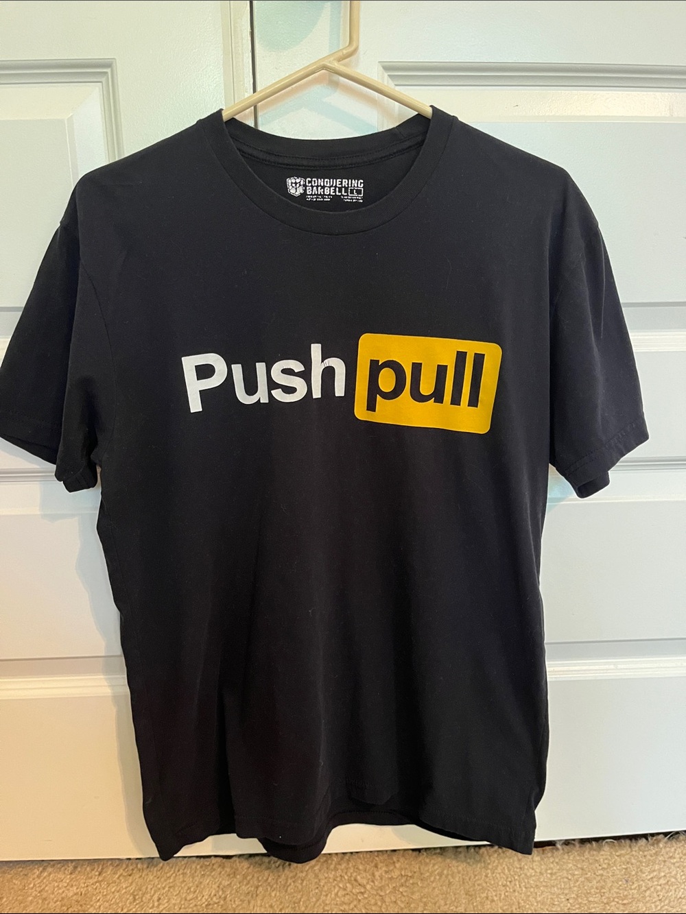 Conquering Barbell Push Pull Graphic T-Shirt Black Gym Workout Tee